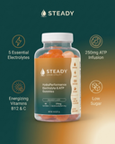 STEADY Electrolyte Gummies benefits: 5 electrolytes, energizing vitamins, ATP infusion, low sugar