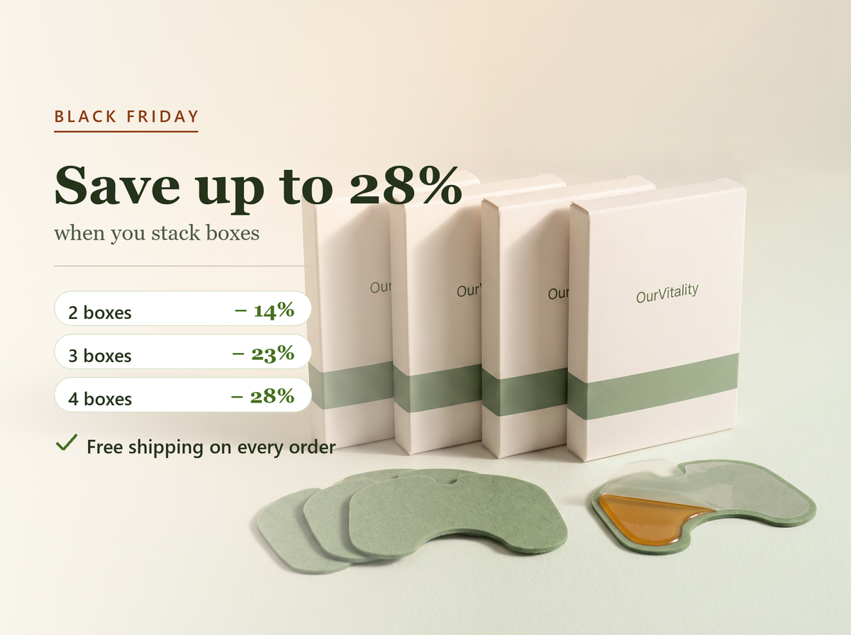 Four boxes of OurVitality Herbal Heat Patches with loose patches and the amber gel layer visible